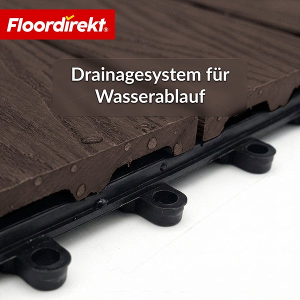 Floordirekt Logo. Terrassendiele mit Drainagesystem für Wasserablauf.