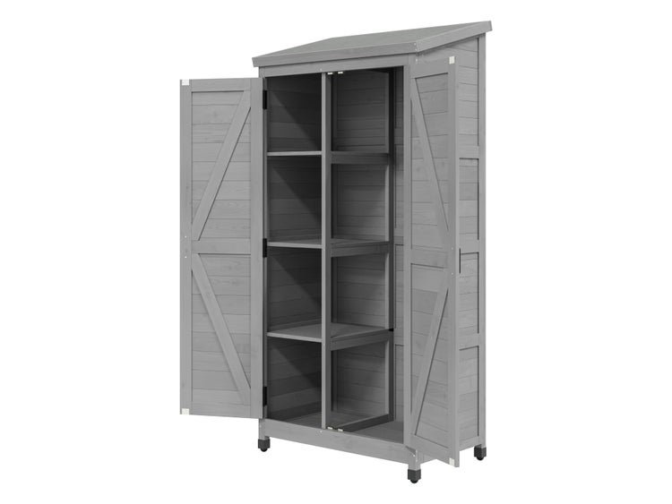 Grauer Gartenschrank aus Holz mit Pultdach, zwei offenen Türen und Regalböden.