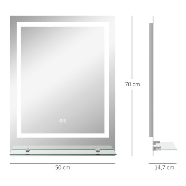 kleankin Badspiegel mit Beleuchtung 70 x 50 cm Rechteckiger Wandspiegel LED Spiegel mit Touchschalter, Memory-Funktion Lichtspiegel Beschlagfrei mit 3 Lichtfarben Transparent