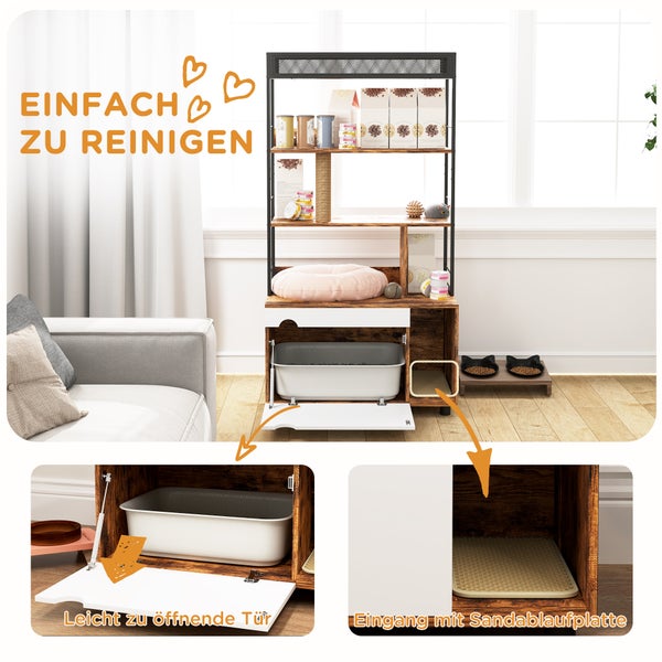 PawHut 2-in-1 Katzenklo Schrank, Katzenklo mit 3-Ebenen-Regal, Kratzpfosten, Klapptür, Katzenhaus für Katze unter 6 kg, 80 x 48 x 152 cm, Rustikal-Braun