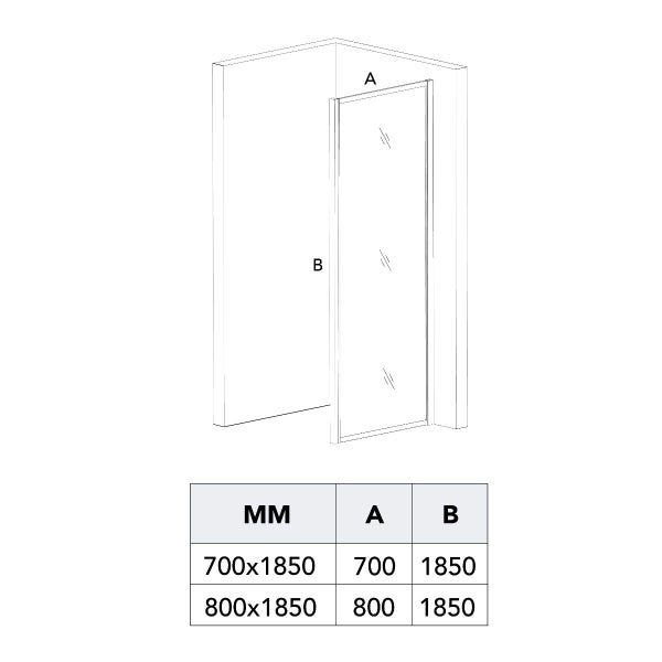 Abbildung einer Duschwand mit den Maßen 700x1850 Millimeter und 800x1850 Millimeter.