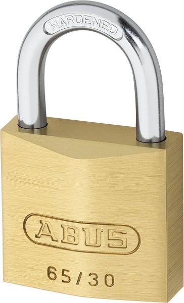 Vorhängeschloss mit Messinggehäuse und gehärtetem Stahlbügel, ABUS Logo, Modell 65 30.