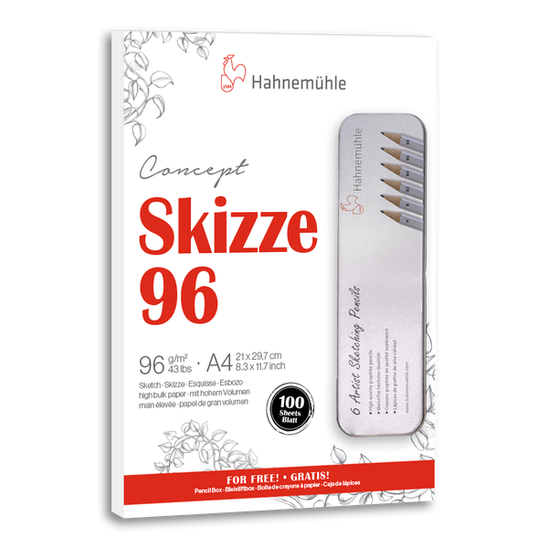 Hahnemühle Concept Skizze 96 Skizzenblock, Format A4, 100 Blatt, 96 Gramm pro Quadratmeter, inklusive gratis Bleistiftbox mit 6 Stiften.