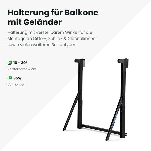 Schwarze Metall-Balkonhalterung mit verstellbarem Winkel von 10 bis 30 Grad für verschiedene Geländertypen, vormontiert.