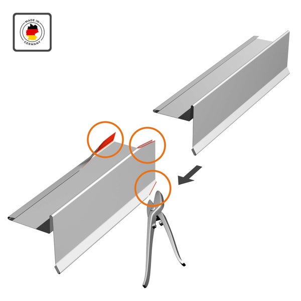 Illustration zum Zuschneiden eines Metallprofils mit Blechschere an markierten Stellen für die Montage, inklusive Siegel Made in Germany.