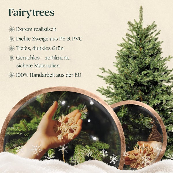 FairyTrees künstlicher Weihnachtsbaum aus Polyethylen und Polyvinylchlorid, realistisch, geruchlos und handgefertigt in der Europäischen Union.