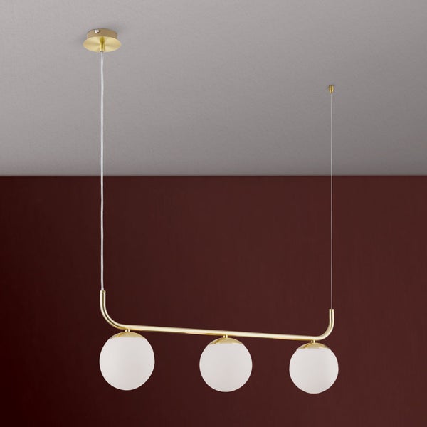 Moderne Pendelleuchte mit drei kugelförmigen Glasschirmen und Metallgestell zur Deckenmontage