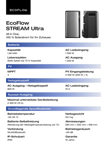 EcoFlow STREAM Ultra Stromspeicher mit technischen Daten