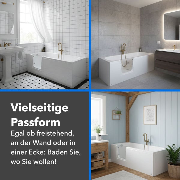 Barrierefreie Badewanne mit Tür in verschiedenen Bad-Szenarien, verdeutlicht die vielseitigen Einbaumöglichkeiten.