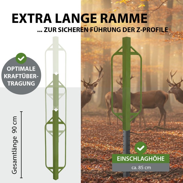 Extra lange Z-Profil Ramme mit 90 Zentimeter Gesamtlänge und 85 Zentimeter Einschlaghöhe zur sicheren Montage von Zaunpfosten.