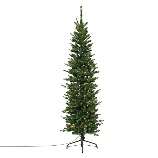 Schmaler künstlicher Weihnachtsbaum mit integrierter Lichterkette und Metallständer