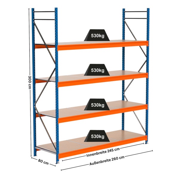 Metallregal mit vier Ebenen und Gewichtsangabe von 530 kg