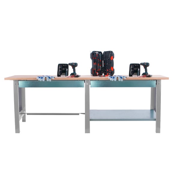 Werkbank BUFFALO WOOD mit 2x Schublade| HxBxT 86,5x260x75cm | Traglast 1000kg | Grau