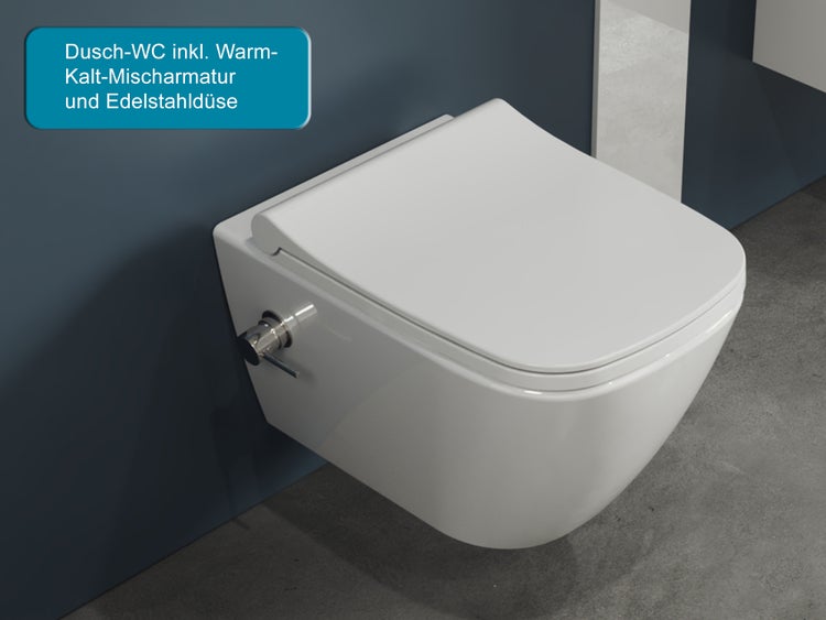 Aqua Bagno Mestola Hänge-Dusch-WC – Spülrandlos mit Taharet-Funktion & Softclose WC-Sitz – Weiß – S.9856.9861