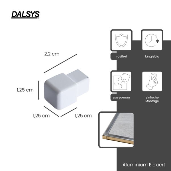 Dalsys Logo. Endkappe für Fliesenprofile aus eloxiertem Aluminium, 2,2 mal 1,25 Zentimeter. Rostfrei, langlebig, passgenau, einfache Montage.