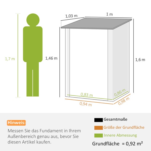 Maßzeichnung eines Gartenhauses mit Größenvergleich zu einer Person, Außenmaße 1 mal 1,03 mal 1,6 Meter, Grundfläche 0,92 Quadratmeter.