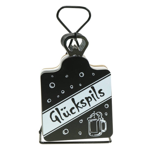 Bierdeckel-Set mit Halter und dem Schriftzug 'Glückspils'