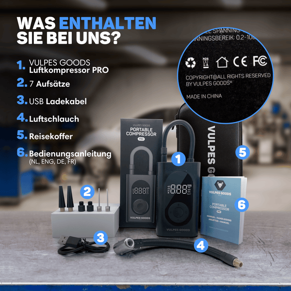 Vulpes Goods Luftkompressor - Tragbarer Kompressor - 6400mAh - Kompressor für Auto, Scooter, Fahrrad, Ball - Reisetasche