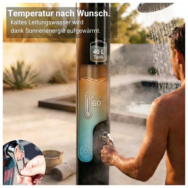 Solardusche im Außenbereich mit 40 Liter Wassertank und Temperaturregelung bis 60 Grad.
