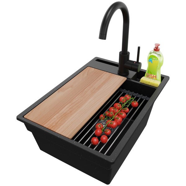 PRIMAGRAN Granitspüle Schwarz Metallic 38x53cm, Spülbecken 1 Becken + Küchenarmatur 32x20cm + Ablauf-Set + Küchenzubehörset, Küchenspüle ab 40er Unterschrank - Oslo Pocket