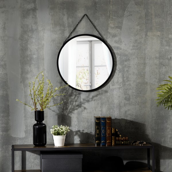 HOMCOM Wandspiegel Schminkspiegel Ø 50 cm Rundspiegel Wohnzimmerspiegel mit dekorativer Aufhängung für Schlafzimmer, Esszimmer, Diele Schwarz Metall Glas