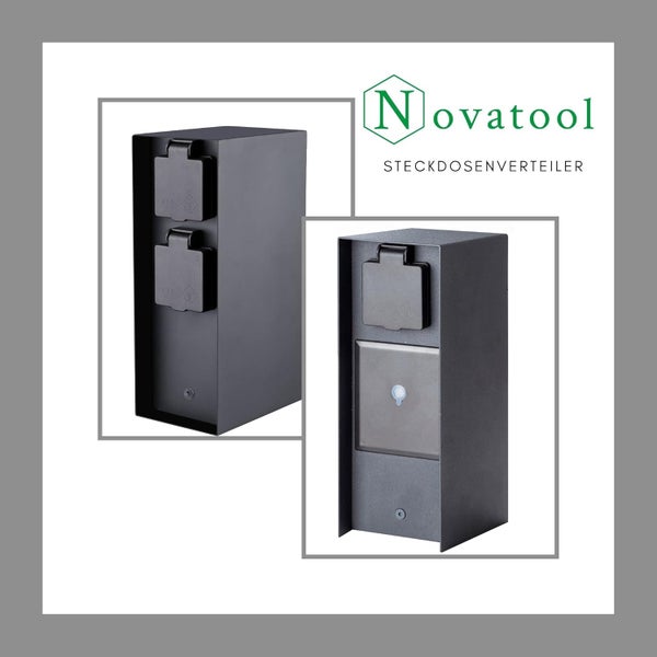 Novatool Logo. Novatool Steckdosenverteiler für außen in Anthrazit, Modelle mit zwei Steckdosen oder einer Steckdose und Sensor.