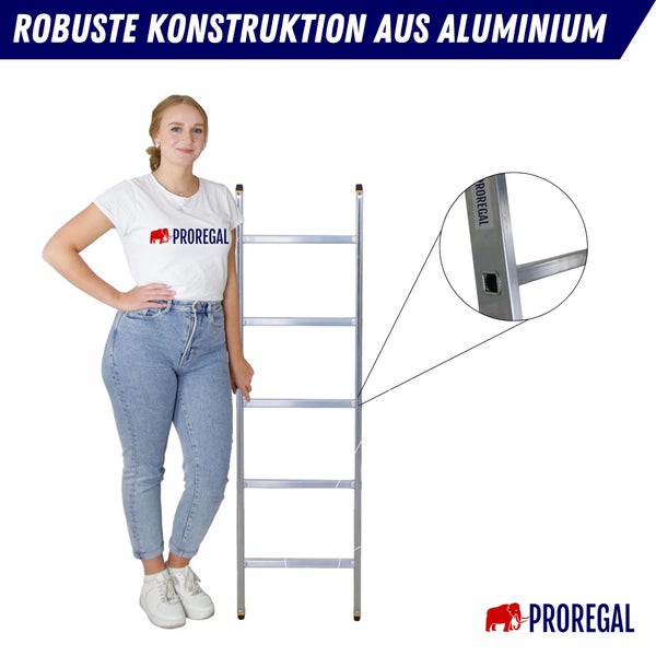 Aluminium Bockleiter mit fünf Sprossen vor einer Frau