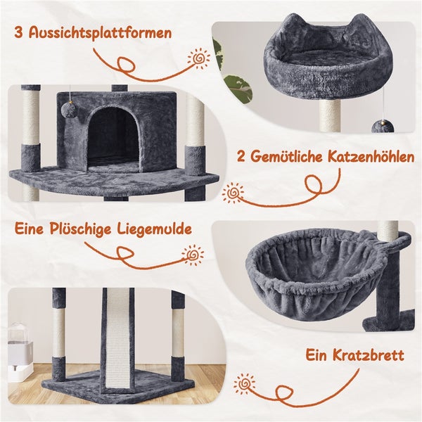 Katzenkratzbaum mit drei Aussichtsplattformen, zwei Katzenhöhlen, einer Liegemulde und einem Kratzbrett