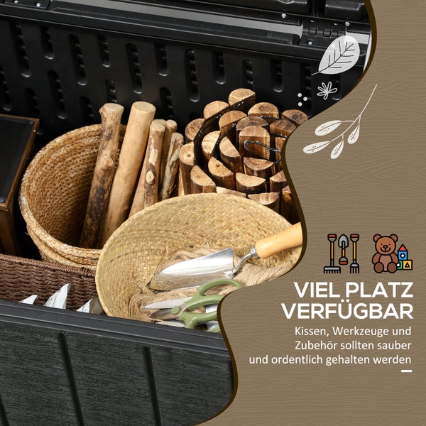 Offene schwarze Gartenbox mit Weidenkörben, Holzpfählen, Handschaufel und Gartenschere zur organisierten Aufbewahrung von Zubehör.