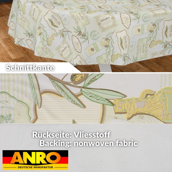 Wachstuch-Tischdecke mit Oliven-Motiv, Schnittkante und Rückseite aus Vliesstoff, ANRO Logo.