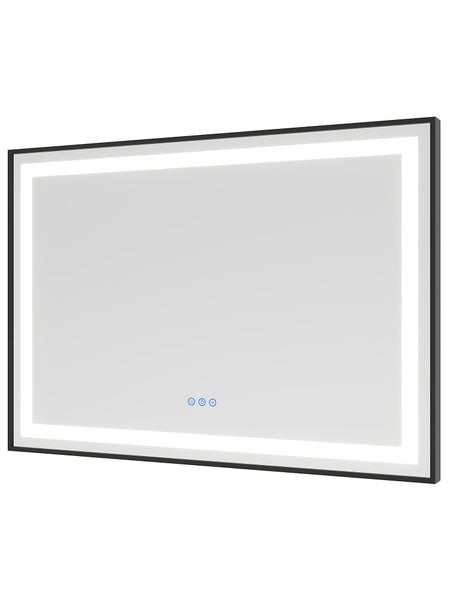 Rechteckiger Badezimmerspiegel mit LED Beleuchtung und schwarzem Rahmen inklusive Touch Schalter.