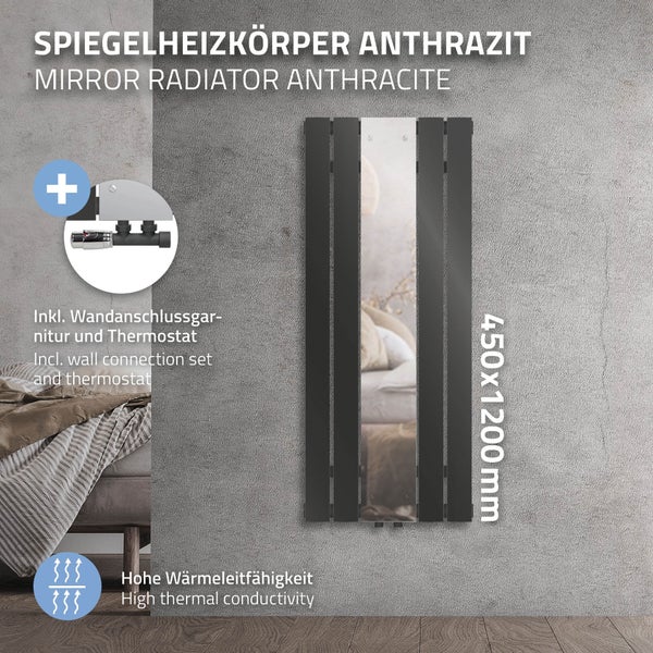 ML-Design Badheizkörper Flach Mittelanschluss 1200x450mm Anthrazit mit Spiegel und Wandanschlussgarnitur Eckform Multiblock Thermostat Design Paneelheizkörper Vertikal Spiegelheizkörper Glasheizkörper