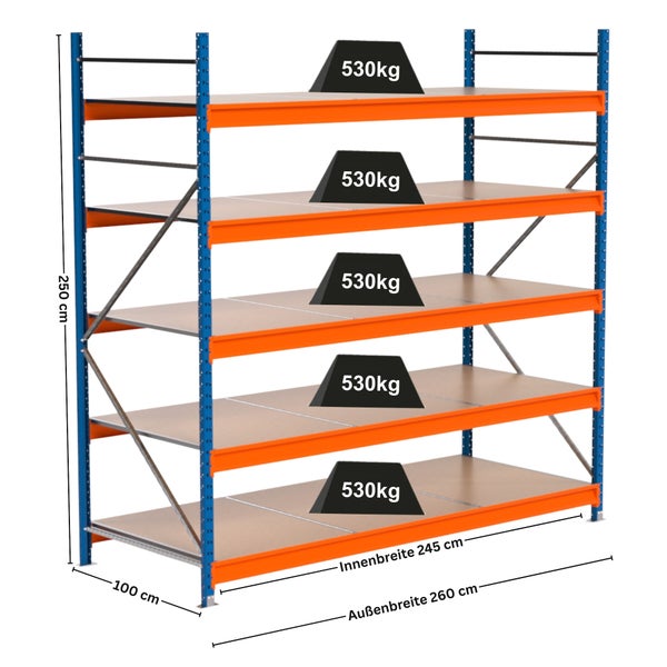 Lagerregal mit fünf Ebenen und Gewichtsangabe von 530 Kilogramm pro Ebene.