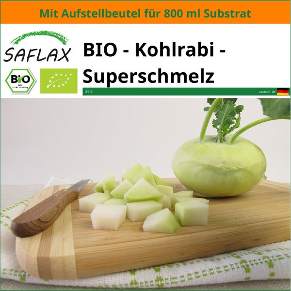 SAFLAX Garden in the bag - BIO - Kohlrabi - Superschmelz - Brassica oleracea var. gongyl. L. - 20 Samen - Mit Anzuchtsubstrat im praktischen, selbst aufstellenden Beutel