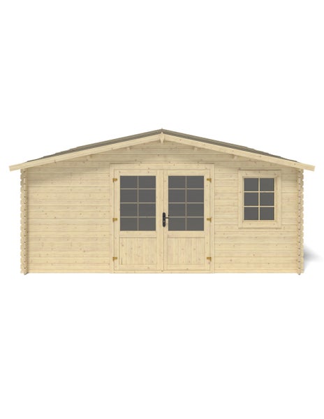 Gartenhaus aus Holz mit Doppeltür und einem Fenster unter einem Satteldach