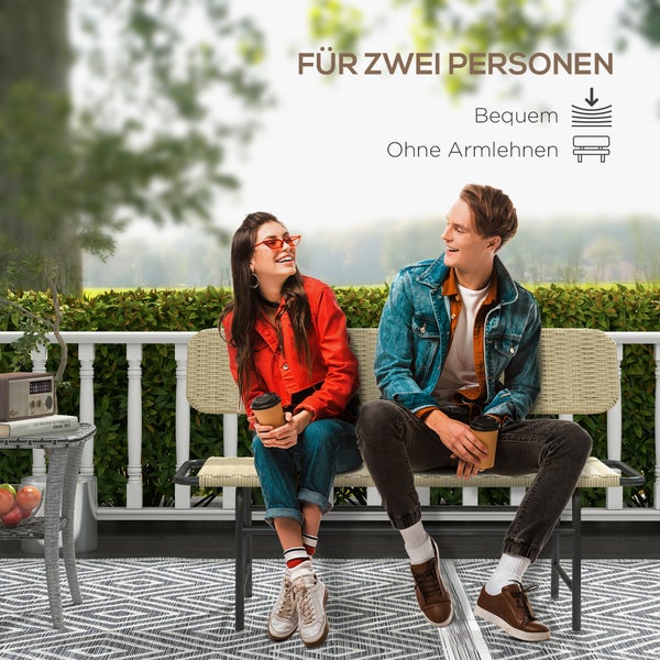 Outsunny 2-Sitzer Gartenbank, Polyrattan Sitzbank, ohne Armlehne, bis 250 kg belastbar, für Balkon, 132L x 66B x 80H cm, Terrasse, Metall, Khaki