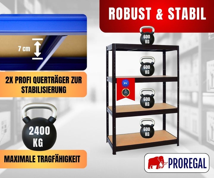 Robustes Schwerlastregal, 4 Böden, Tragkraft 2400 Kilogramm, zwei Querträger zur Stabilisierung, zertifiziert, Herkunft Europäische Union, Proregal Logo.