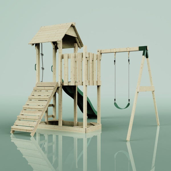 Spielturm aus Holz mit Schaukel und Rutsche
