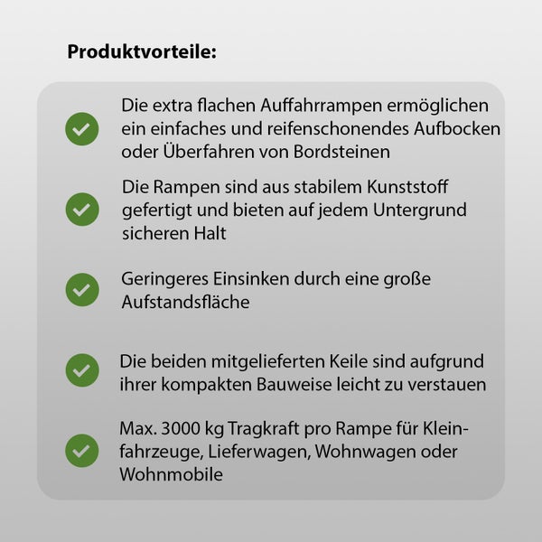 Kunststoff Auffahrrampen 2x Ausgleichskeil extra flach PKW, Wohnwagen und Wohnmobil, 3T Traglast