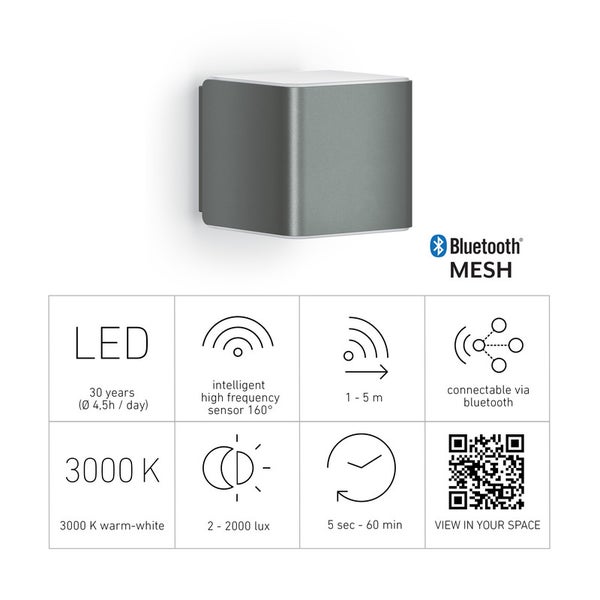 LED-Außenwandleuchte mit Bewegungsmelder, Bluetooth Mesh, 3000 Kelvin warmweißem Licht, 160 Grad Hochfrequenz-Sensor und einstellbarer Leuchtdauer.