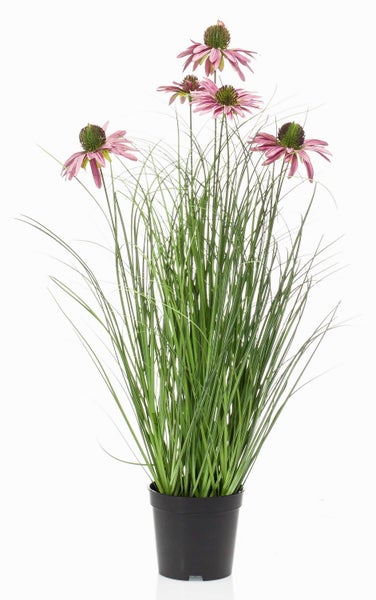 Künstlicher Sonnenhut mit rosa Blüten und grünem Gras im schwarzen Kunststofftopf