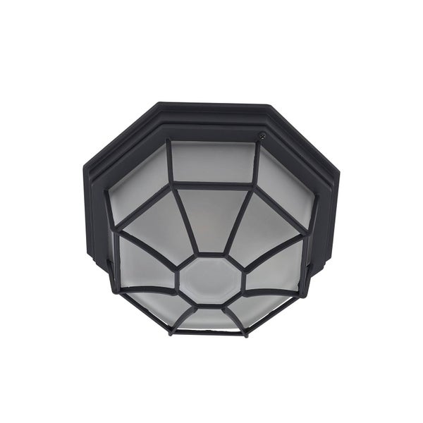 Achteckige Außen-Deckenleuchte mit schwarzem Rahmen und mattiertem Glas.