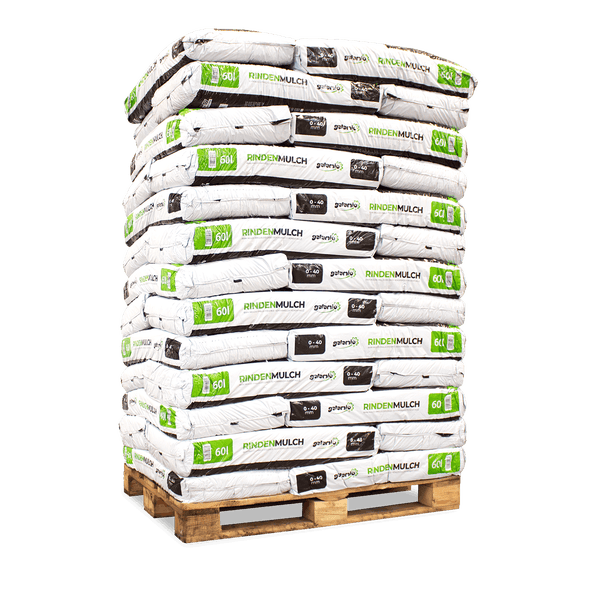 Eine Palette Galamio Rindenmulch mit 60 Liter Säcken, Körnung 0 bis 40 Millimeter.