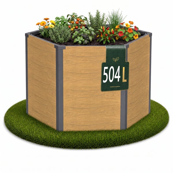 Sechseckiges Hochbeet in Holzoptik mit Eckpfosten, bepflanzt mit Blumen und Kräutern, Fassungsvermögen 504 Liter.