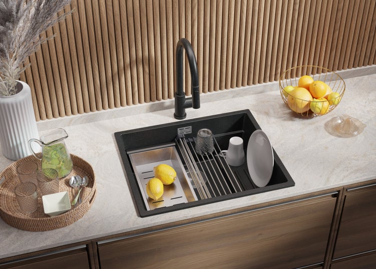 PRIMAGRAN Spülbecken Anthrazit 56x47cm, Granitspüle 1 Becken + Ablauf-Set + Aufrollbare Abtropffläche, Küchenspüle ab 60er Unterschrank - Praga Slim