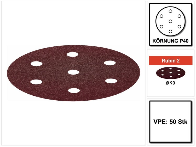 Festool Rubin 2 STF D90/8 P40 RU2/50 Schleifscheibe 90 mm P40 50 Stk. ( 499077 ) für Getriebe Exzenterschleifer RO 90 DX