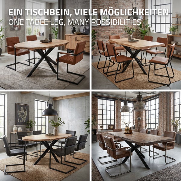 Vier verschiedene Esszimmer-Szenarien zeigen unterschiedliche Tischplatten auf einem zentralen, kreuzförmigen schwarzen Metall-Tischgestell.