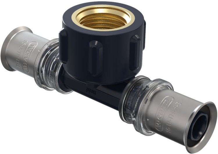 T-Stück Pressfitting mit Innengewinde für Mehrschichtverbundrohre, bestehend aus Kunststoff und Edelstahl mit Messing-Gewindeeinsatz.