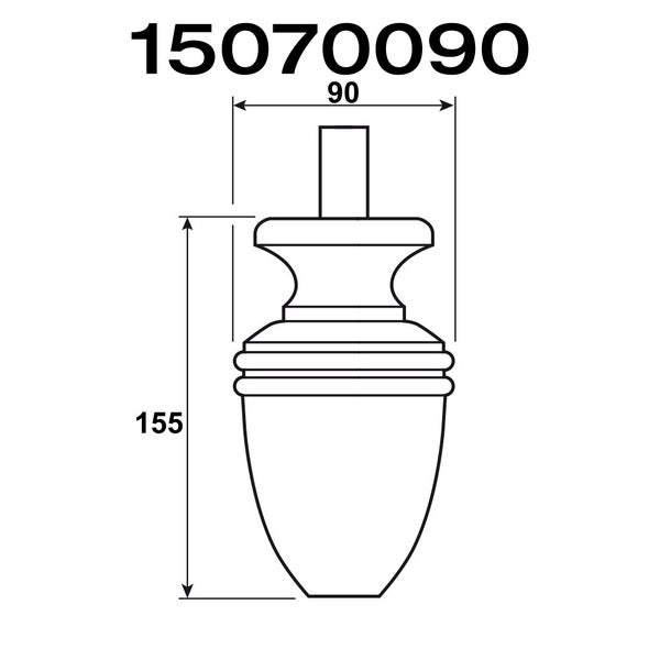 Technische Zeichnung eines Möbelfußes mit den Maßen 155 Millimeter Höhe und 90 Millimeter Breite.
