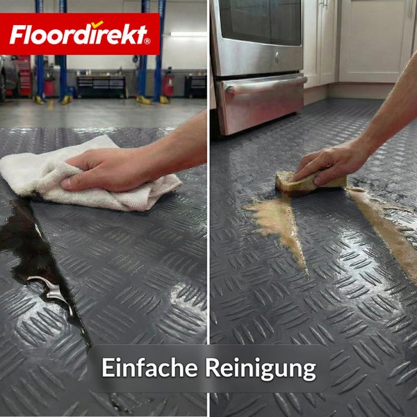 Reinigung eines Bodenbelags mit Riffelblechmuster in einer Werkstatt und einer Küche